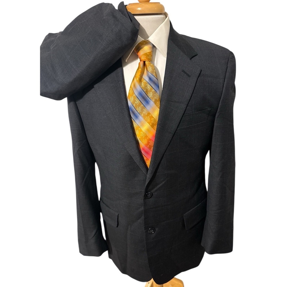 Jos‎ A Bank Italy Made Suit 40R Pants 34x31 Black Blue Plaid Wool Lightweight